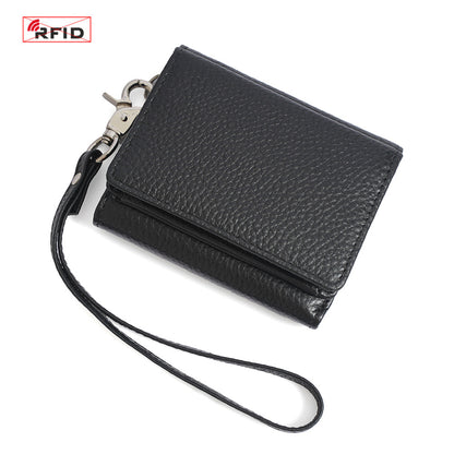 Cowhide Leather Tri-Fold RFID-Blocking Wallet in Black
