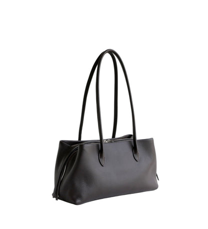 Black shoulder tote at a three-quarter angle