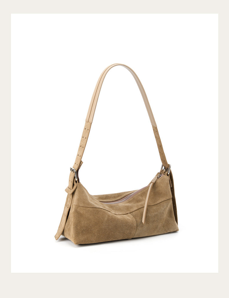 Caramel bag angled to show its side and strap details