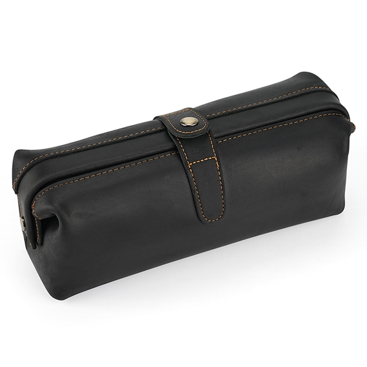 Black leather cosmetic pouch with stitched snap tab