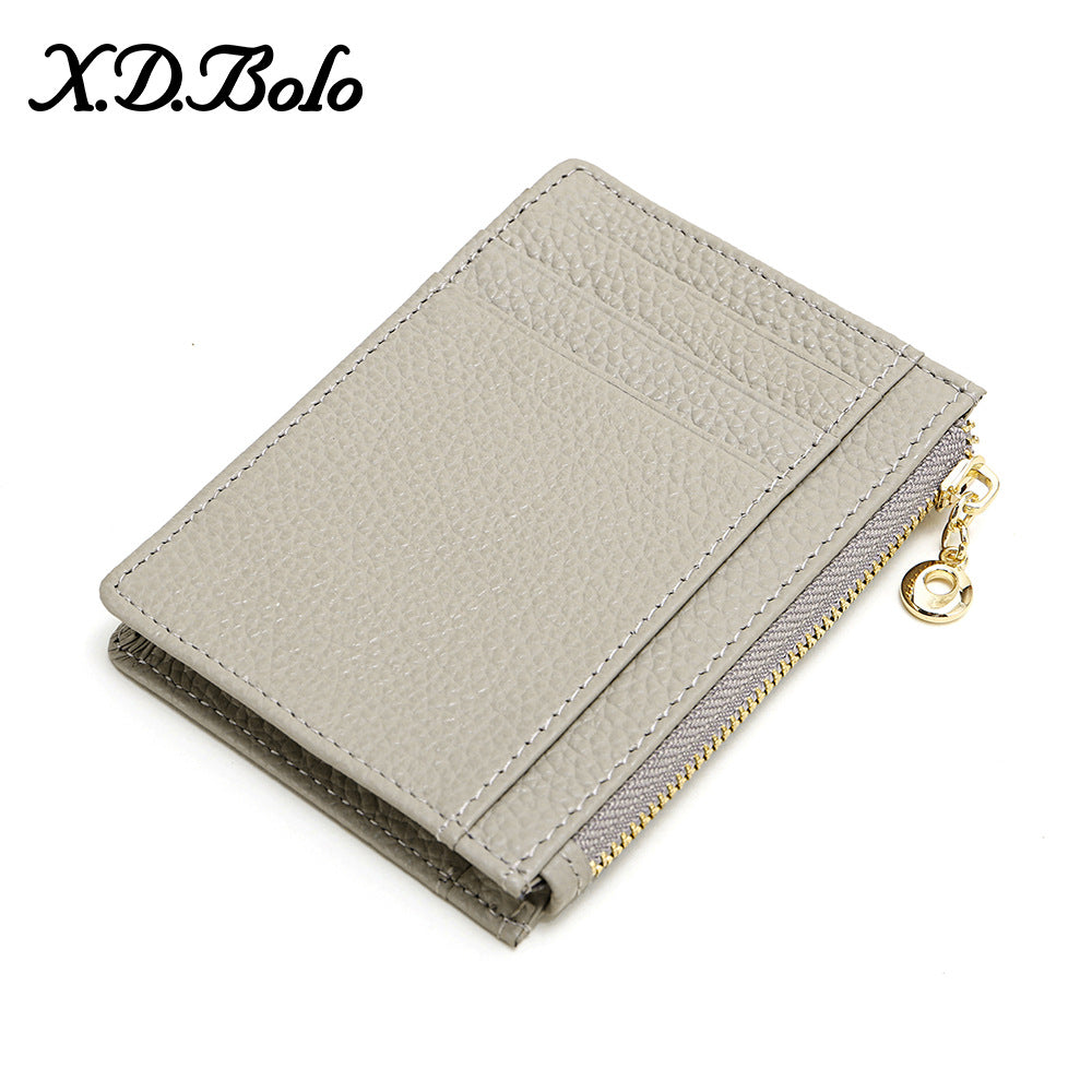 Top-Grain Cowhide Slim Card Holder with Zip Coin Pocket in Linen Gray