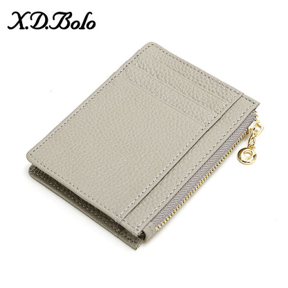 Top-Grain Cowhide Slim Card Holder with Zip Coin Pocket in Linen Gray