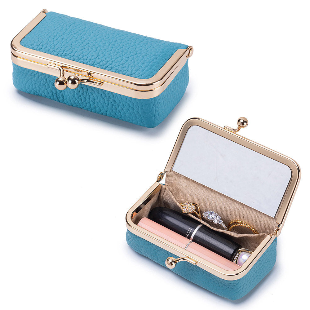 Sky blue pebbled pouch opened to show inner pocket