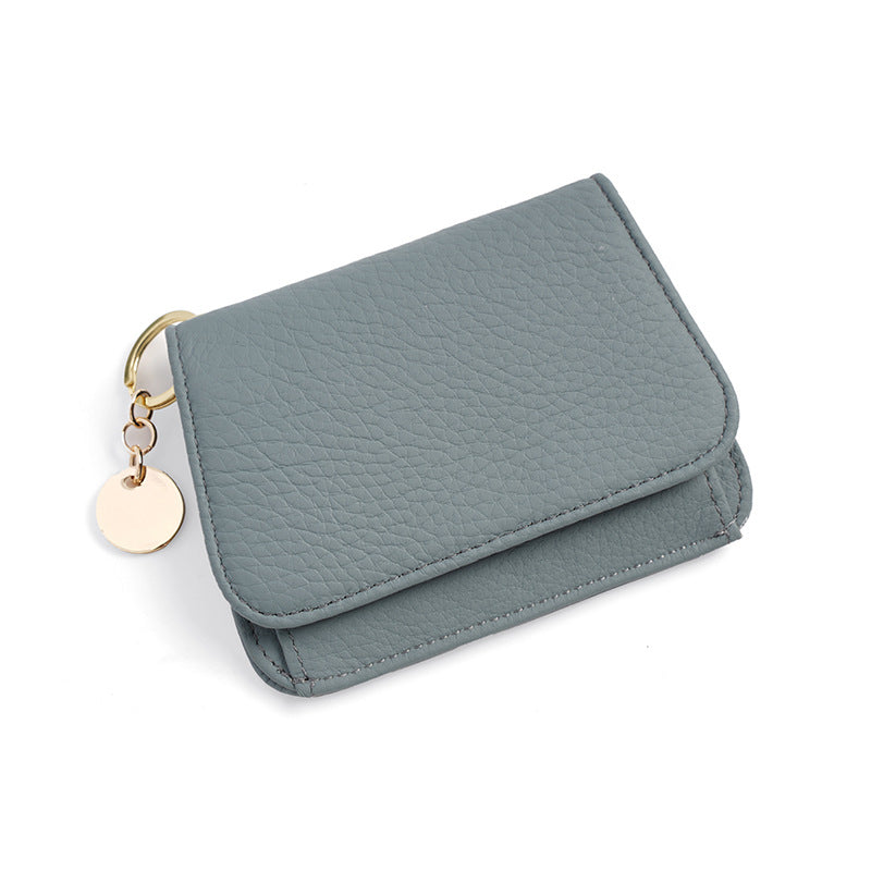 Genuine Leather RFID-Blocking Mini Wallet with Keyring Charm in Round Tag Flame Orange