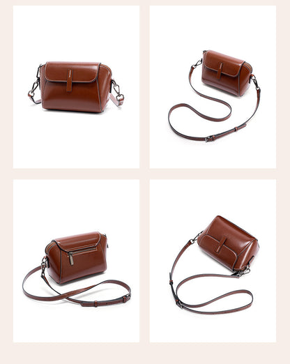 Four-angle product grid of brown leather crossbody bag on white background