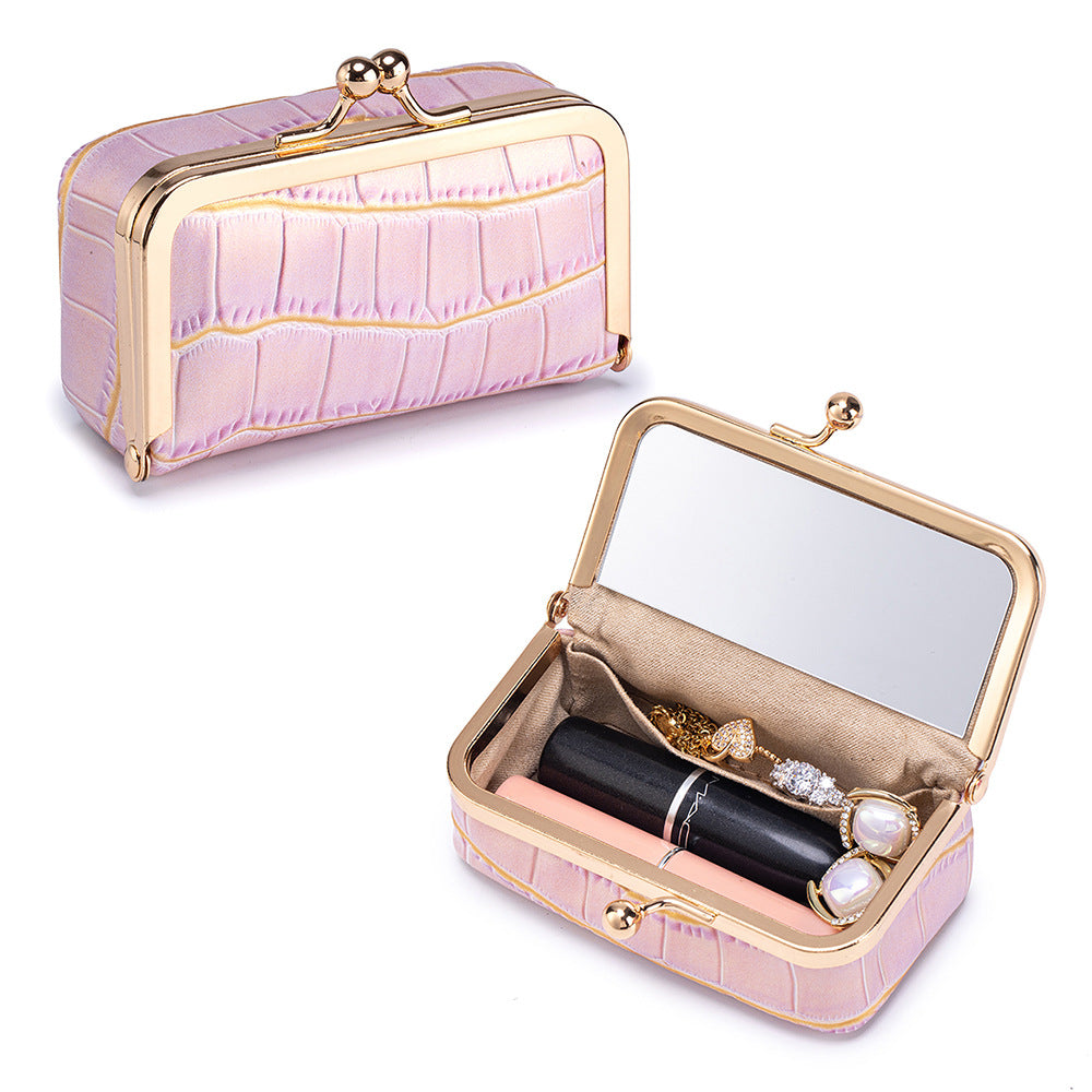 Top-Grain Cowhide Lipstick and Jewelry Pouch with Mirror in Light Purple Sparkle