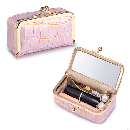 Top-Grain Cowhide Lipstick and Jewelry Pouch with Mirror in Light Purple Sparkle