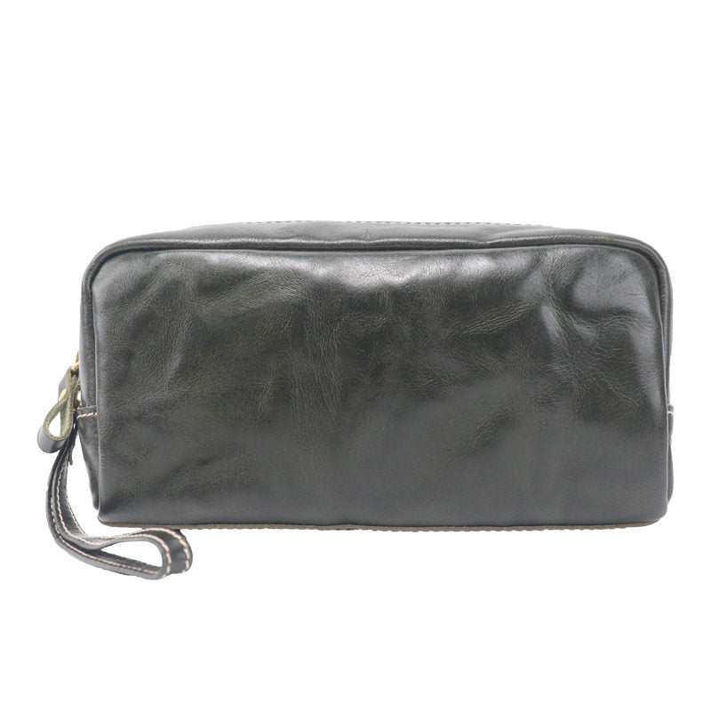 Dark green leather zip wristlet pouch front view