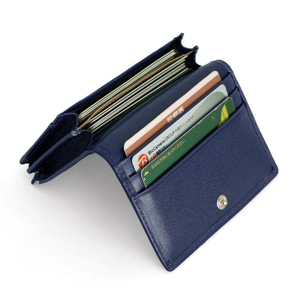 Genuine Leather RFID-Blocking Card Holder Wallet in Navy Blue