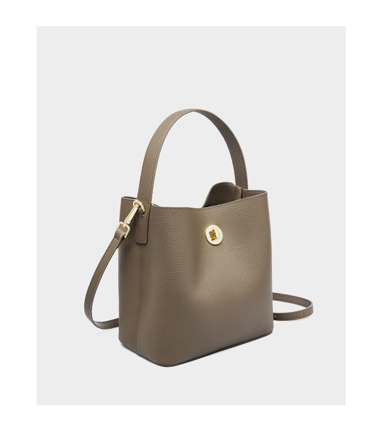 Khaki bucket bag three-quarter view on white background