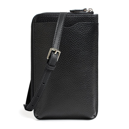 Black pebbled leather vertical phone bag with back slip pocket and adjustable strap