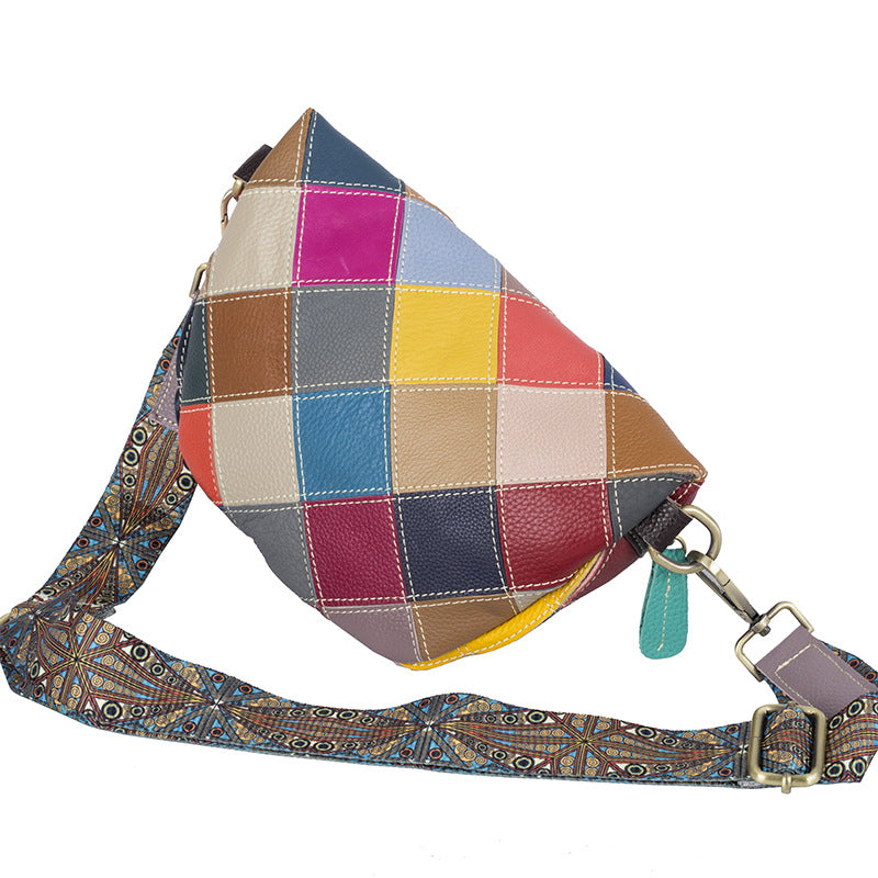 Back view of the geometric multicolor leather bag and patterned strap