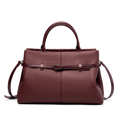Wine red pebbled cowhide leather tote bag with front strap detail