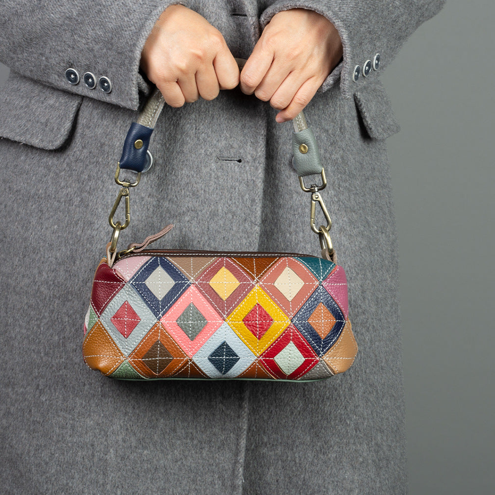 Bottom and side profile of small patchwork bag