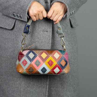 Bottom and side profile of small patchwork bag