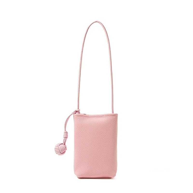 Cowhide Leather Micro Bucket Phone Crossbody Bag in Blush Pink