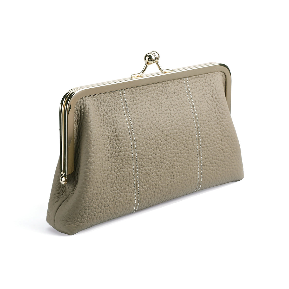 Close-up of gray pebbled cowhide clutch and frame clasp