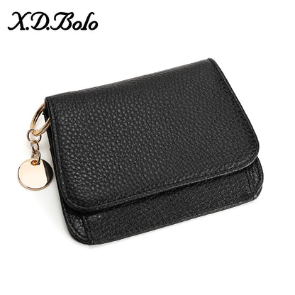Genuine Leather RFID-Blocking Mini Wallet with Keyring Charm in Round Tag Black