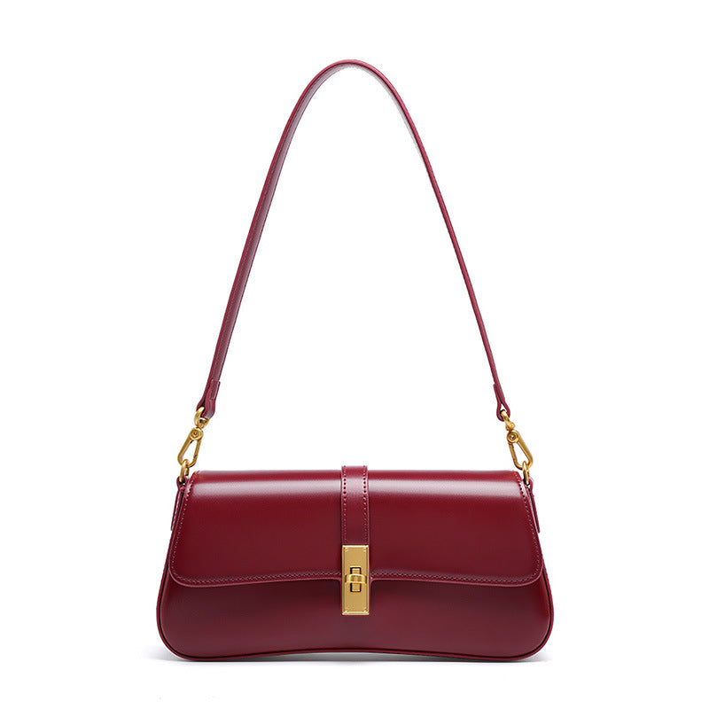 Cowhide Leather Small Shoulder Bag with Turn-Lock Closure in Wine Red