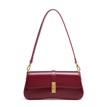Cowhide Leather Small Shoulder Bag with Turn-Lock Closure in Wine Red