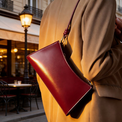 Wine red leather bag worn crossbody over a camel coat in an urban street setting