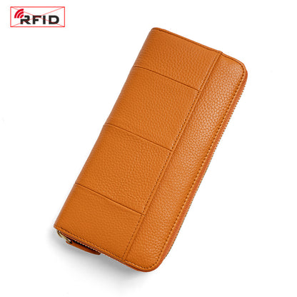 Top-Grain Cowhide Zip-Around Long Wallet with RFID Blocking in Color Block - Navy Blue