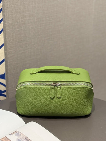 Avocado green pebbled leather cosmetic pouch