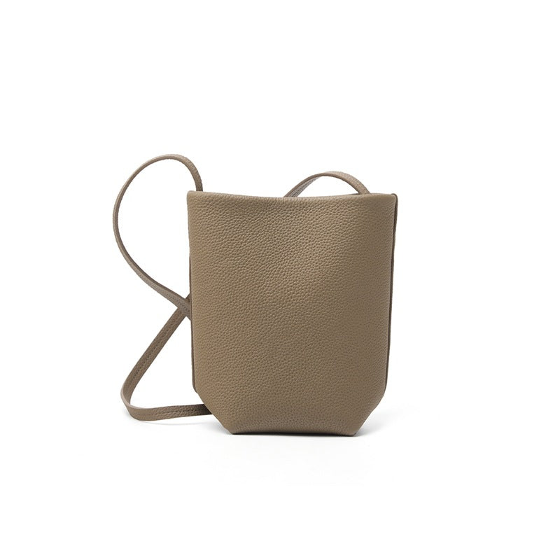 Elephant gray top-grain cowhide mini bucket crossbody bag with adjustable strap
