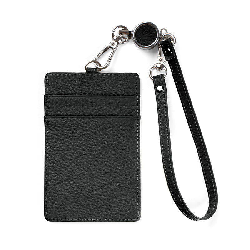 Leather Slim ID Badge Holder with Reel & Strap in Black