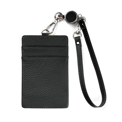 Leather Slim ID Badge Holder with Reel & Strap in Black