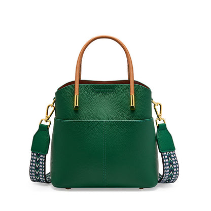 Cowhide Leather Bucket Bag with Woven Strap in Green