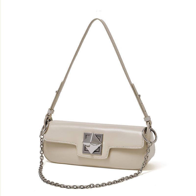 Off-white leather baguette shoulder bag with geometric hardware on white background