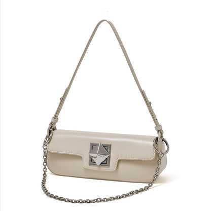 Off-white leather baguette shoulder bag with geometric hardware on white background