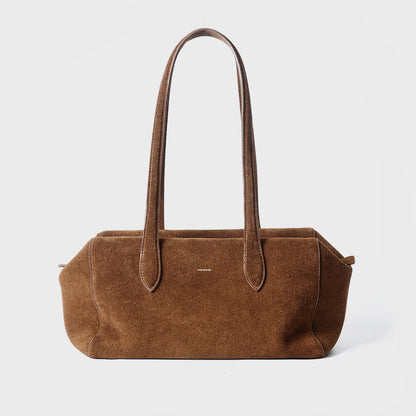 Caramel suede cowhide shoulder tote shown from the front