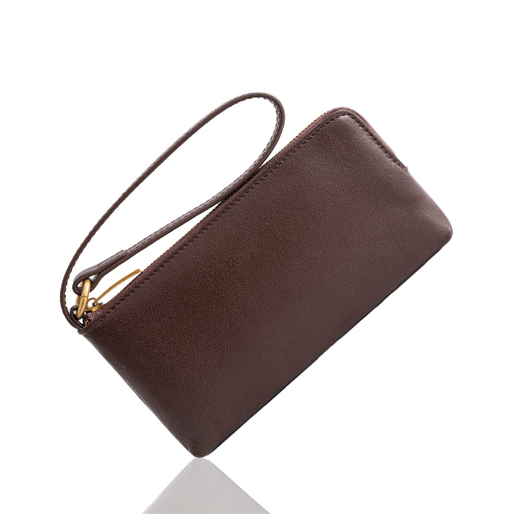 Cowhide Leather Long Wallet with Wrist Strap in Brown