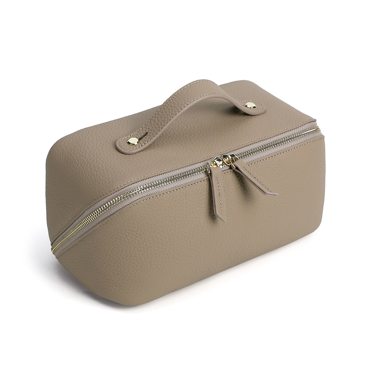 Gray pebbled cowhide pouch shown with its handle and zipper detail