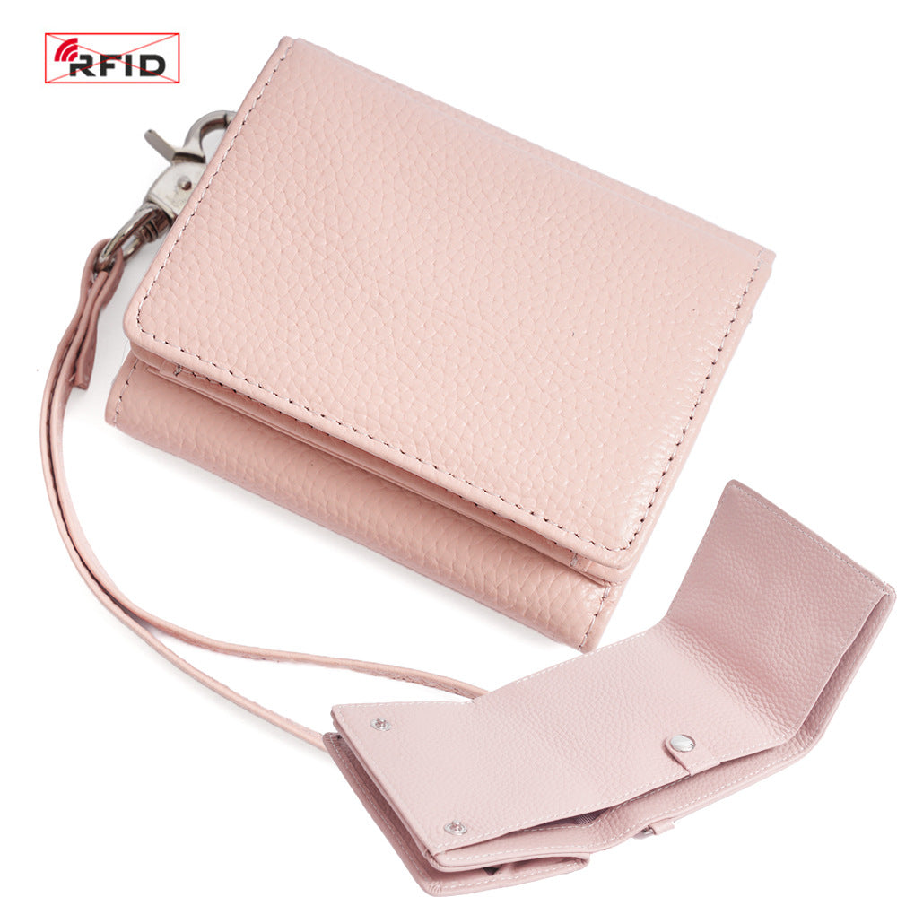 Cowhide Leather Tri-Fold RFID-Blocking Wallet in Light Pink