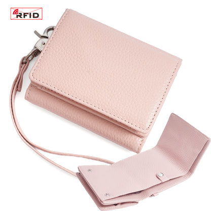 Cowhide Leather Tri-Fold RFID-Blocking Wallet in Light Pink