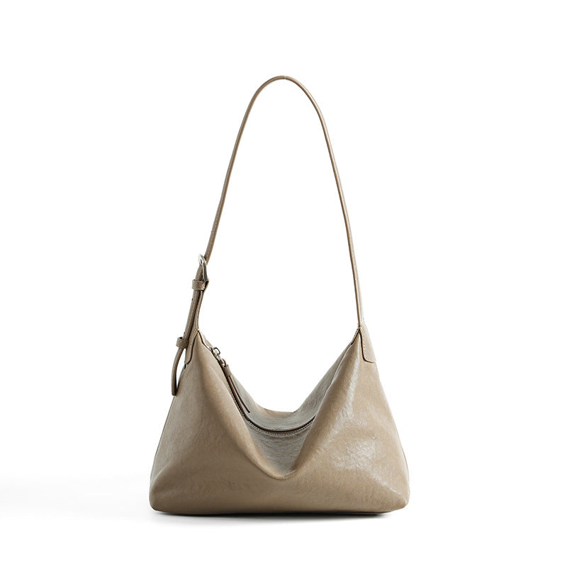 Top-Grain Cowhide Hobo Shoulder Bag – Color Options in Gray