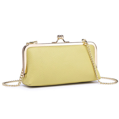 Lemon yellow pebbled leather frame purse with gold-tone chain