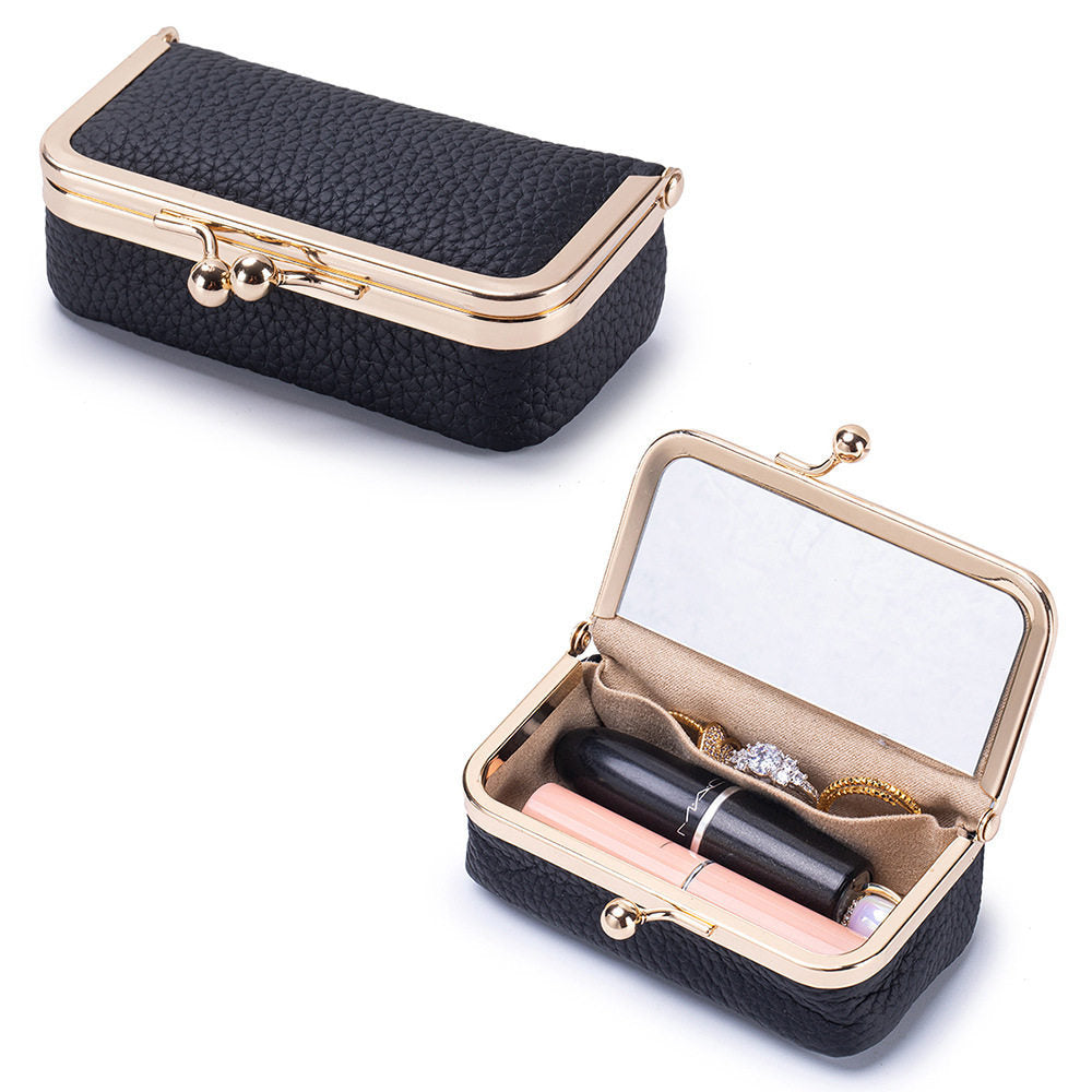 Black pebbled cowhide pouch shown closed and open with mirror