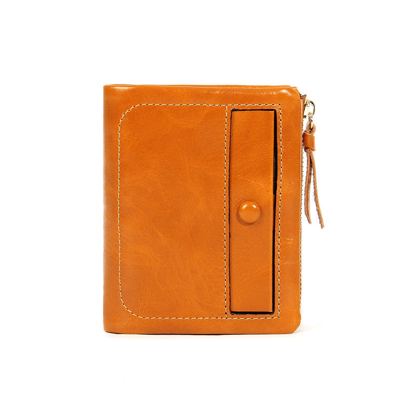 Top-Grain Cowhide Vintage Vertical Short Wallet in Tan Brown