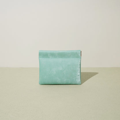 Sky aqua satin leather mini card pouch with visible spring clasp
