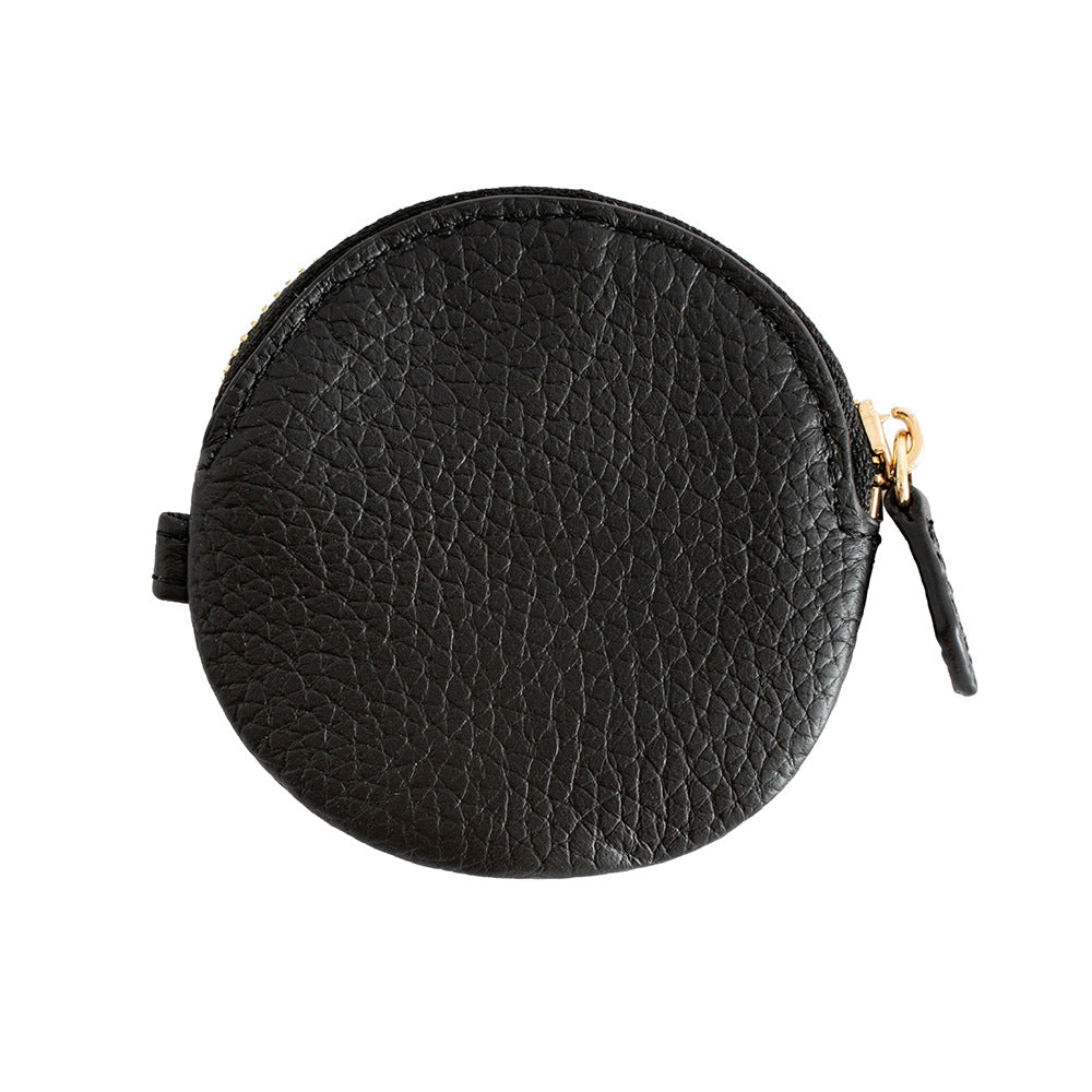 Black cowhide leather mini round coin purse with gold-tone zipper pull