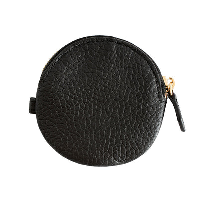 Black cowhide leather mini round coin purse with gold-tone zipper pull