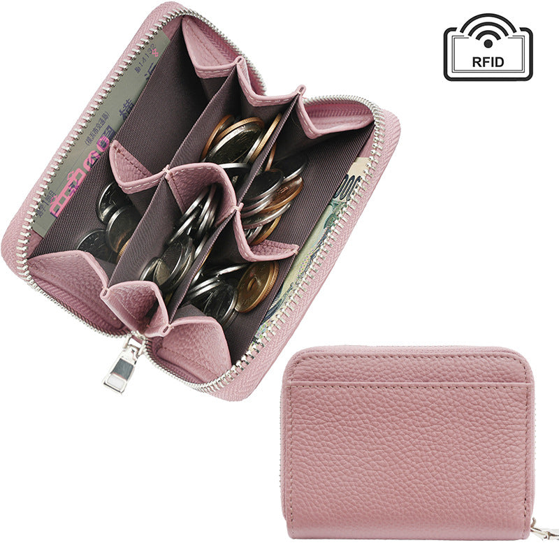Pink leather coin purse with six coin pockets and card slots