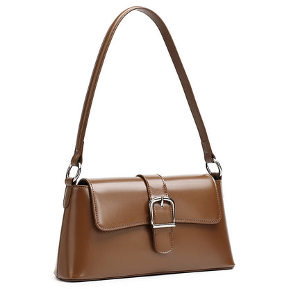 Genuine Leather Baguette Shoulder Bag with Metal Buckle in Brown, 11.0 x 5.5 x 2.8 in