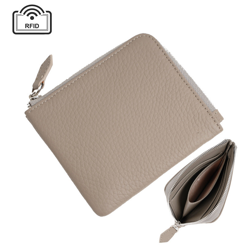 Cowhide Leather Short RFID-Blocking Wallet in Light Grey