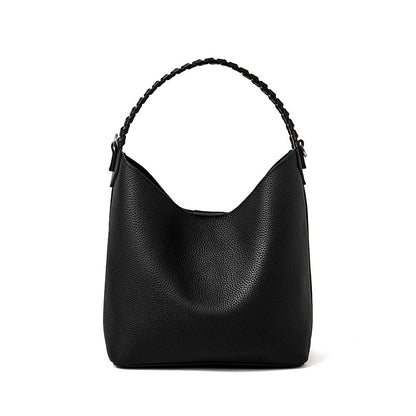 Black top-grain cowhide leather bucket bag with braided top handle, front view