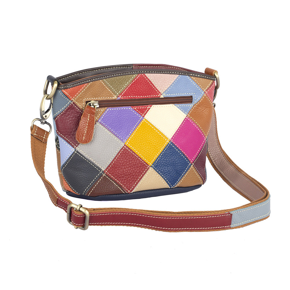 Reverse view of the colorful leather crossbody bag with exterior zip pocket